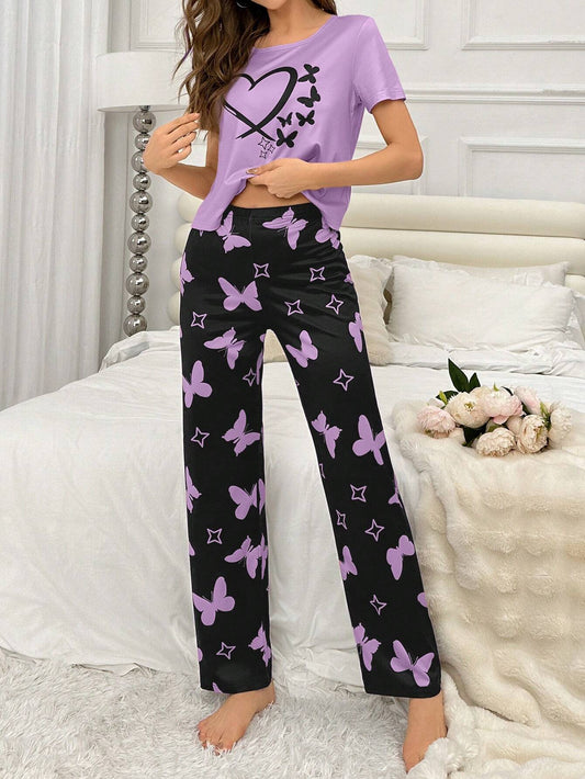 Purple Heart and Butterfly Printed PJ SET